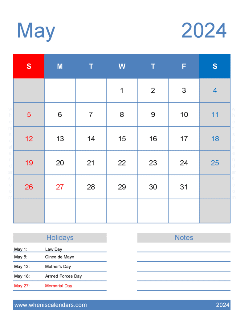 Download free May Calendar 2024 with Holidays printable A4 in Horizontal Landscape