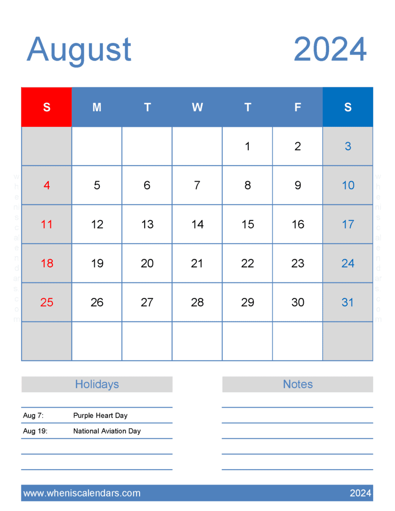 excel Calendar August 2024 Monthly Calendar