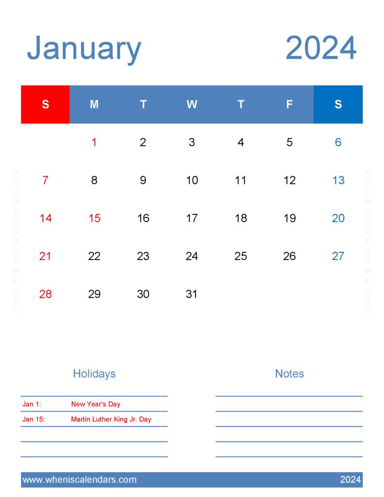 editable January Calendar 2024 Monthly Calendar