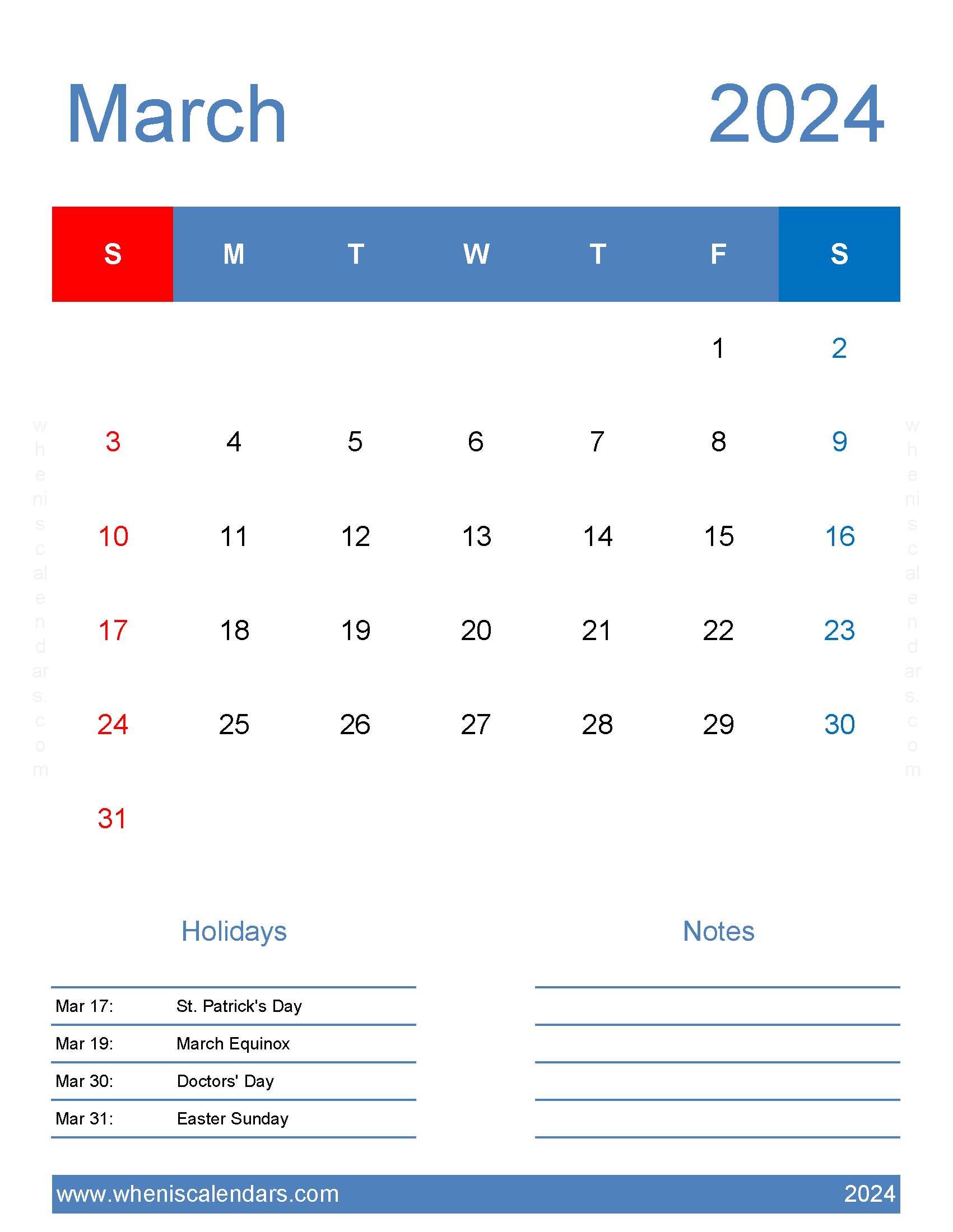 editable March Calendar 2024 Monthly Calendar