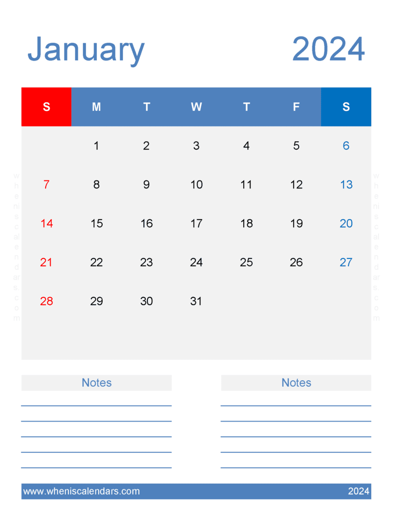 Free print January 2024 Calendar Monthly Calendar