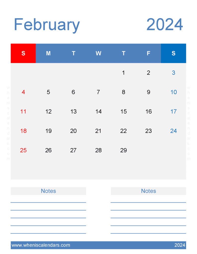 Free print February 2024 Calendar Monthly Calendar