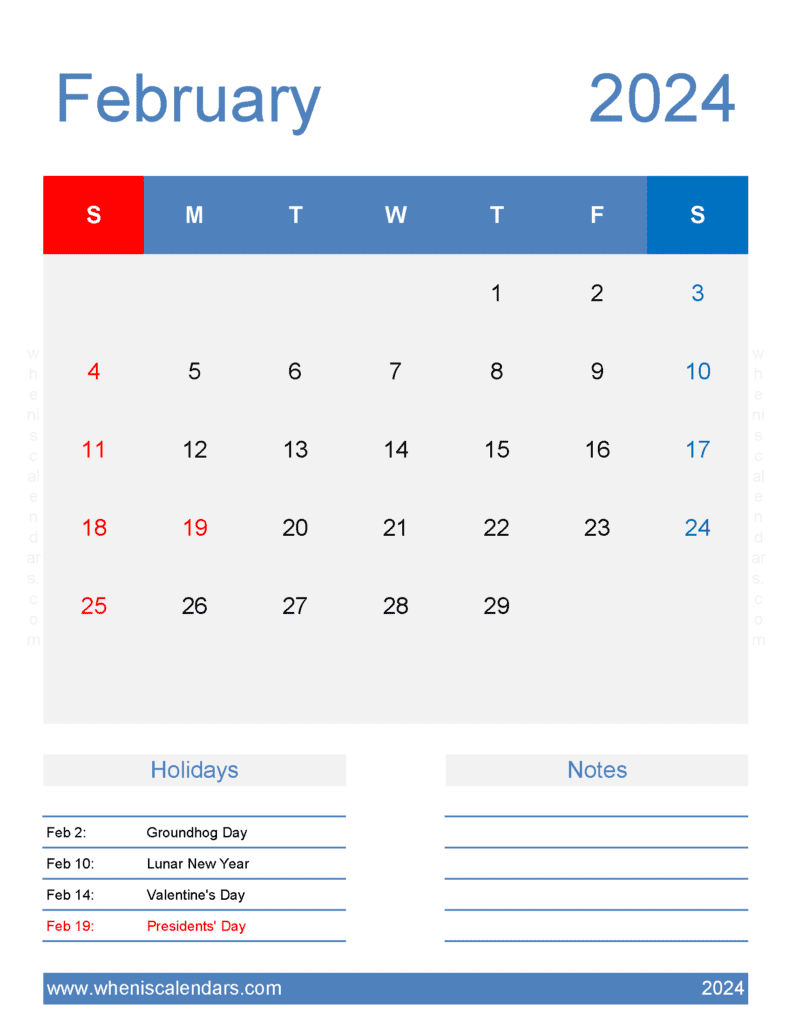 Download Free Printable February 2024 Calendar Letter Vertical F4188