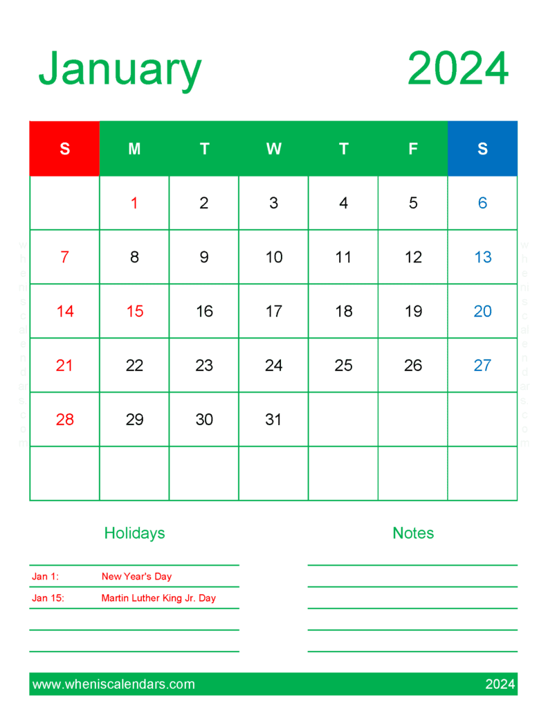 Blank Calendar page January 2024 Monthly Calendar