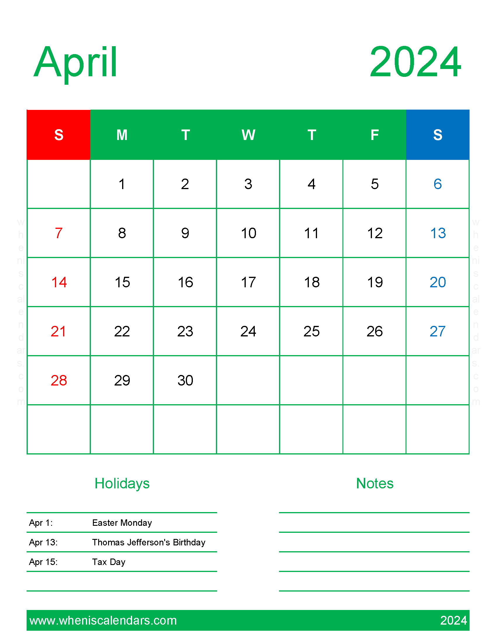Blank Calendar page April 2024 Monthly Calendar
