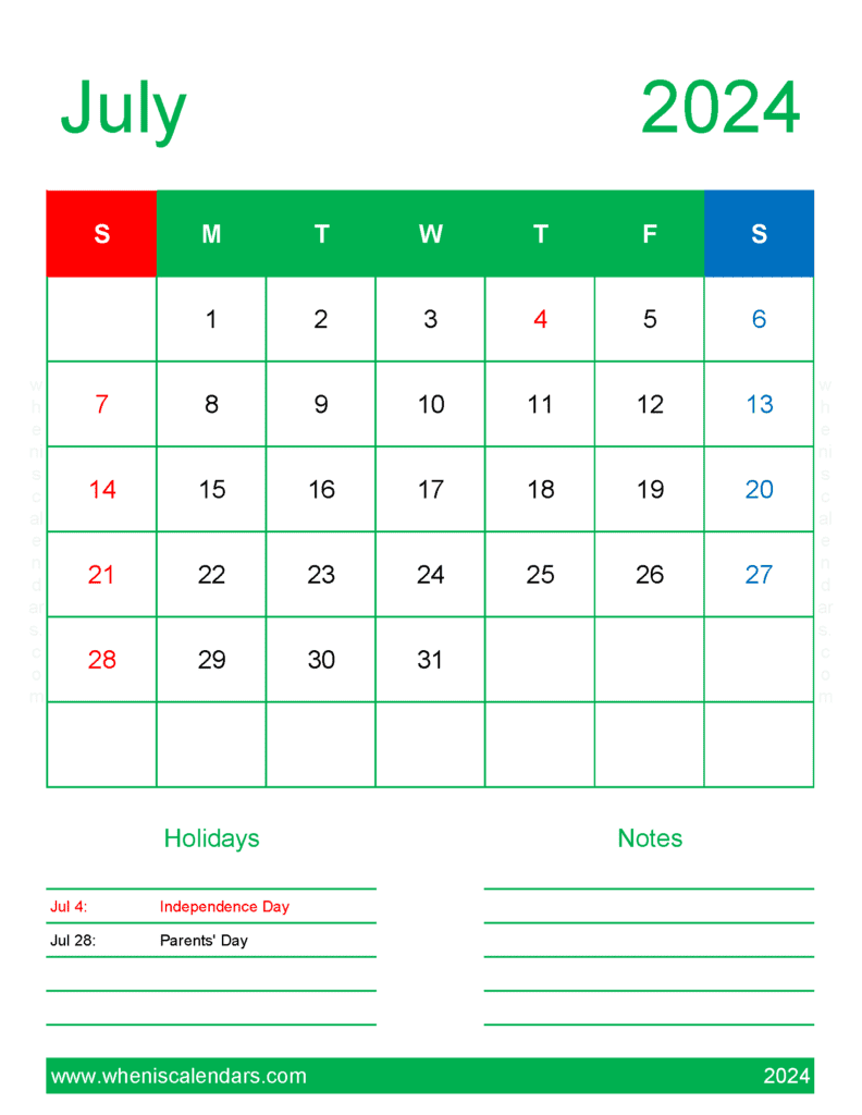 Download Blank Calendar page July 2024 Letter Vertical J74189