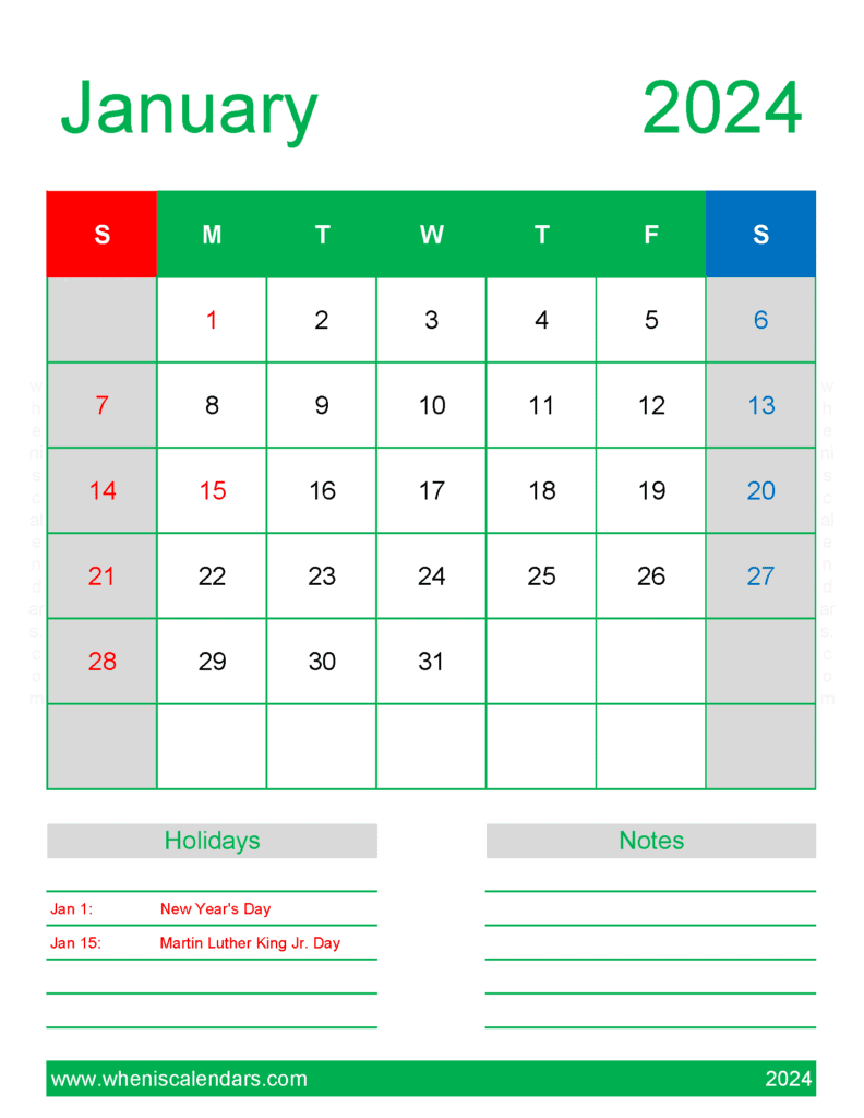 2024 January Holiday Calendar Monthly Calendar