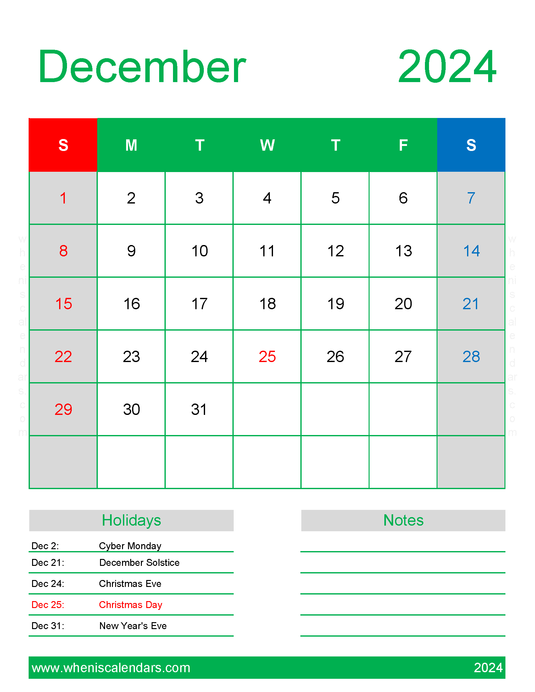 2024 December Holiday Calendar Monthly Calendar