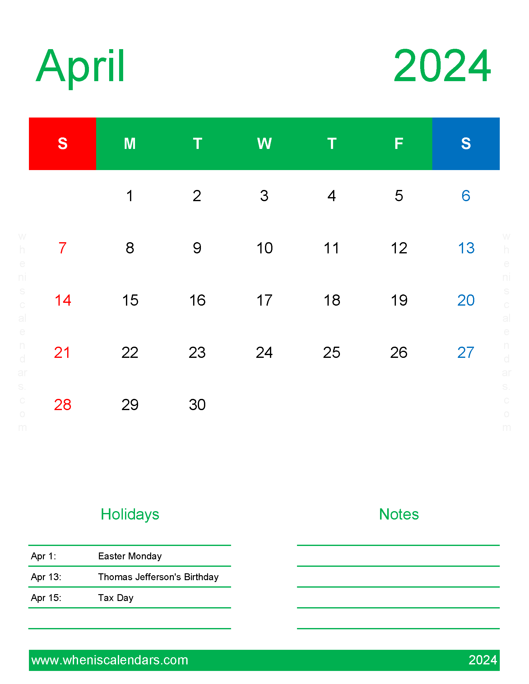 April 2024 Template Calendar Monthly Calendar