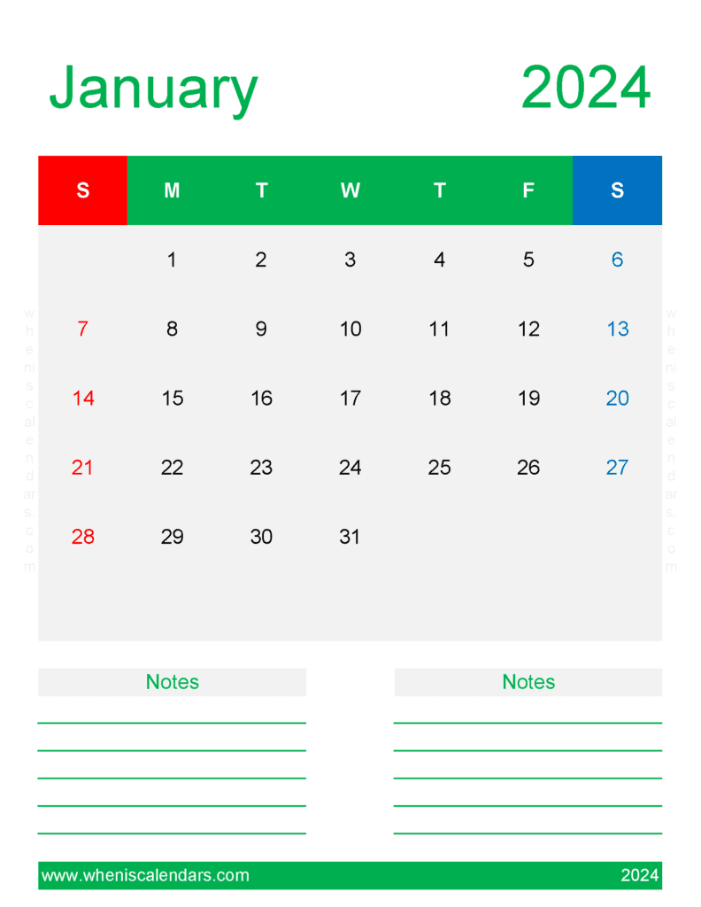 Download free January Calendar 2024 with Holidays printable A4 in Horizontal Landscape