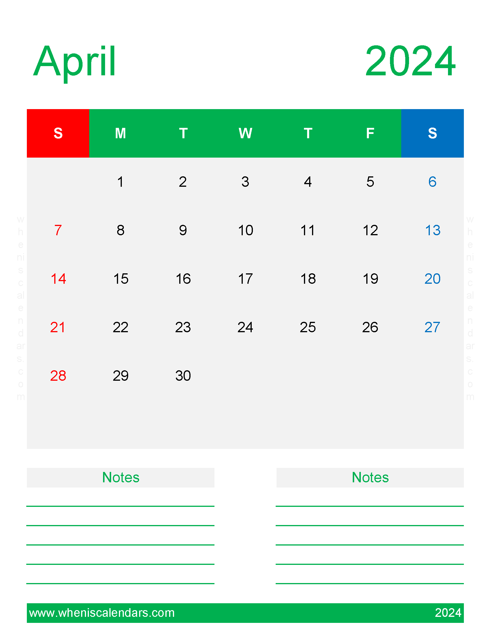 April 2024 Blank Calendar page Monthly Calendar
