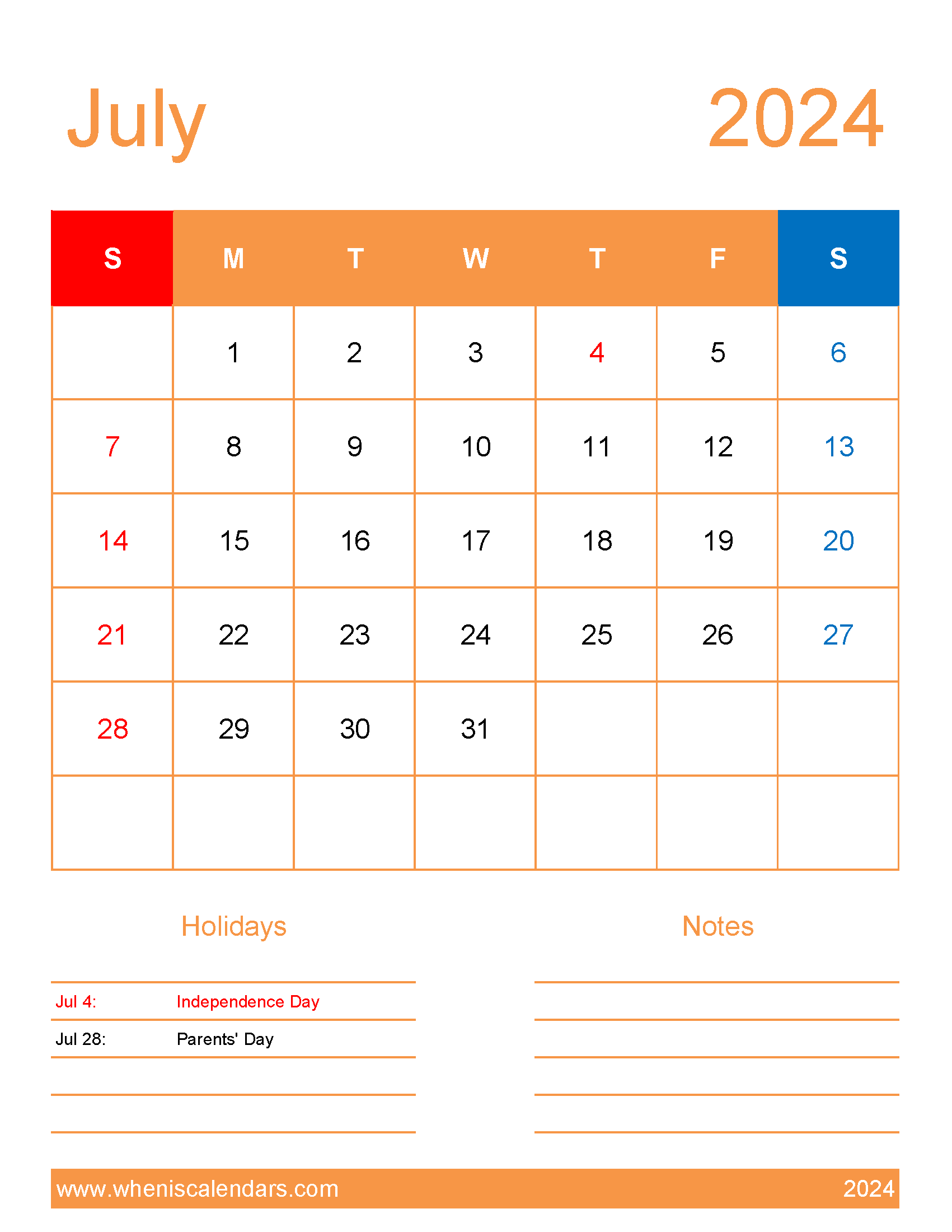 July cute Calendar 2024 Monthly Calendar