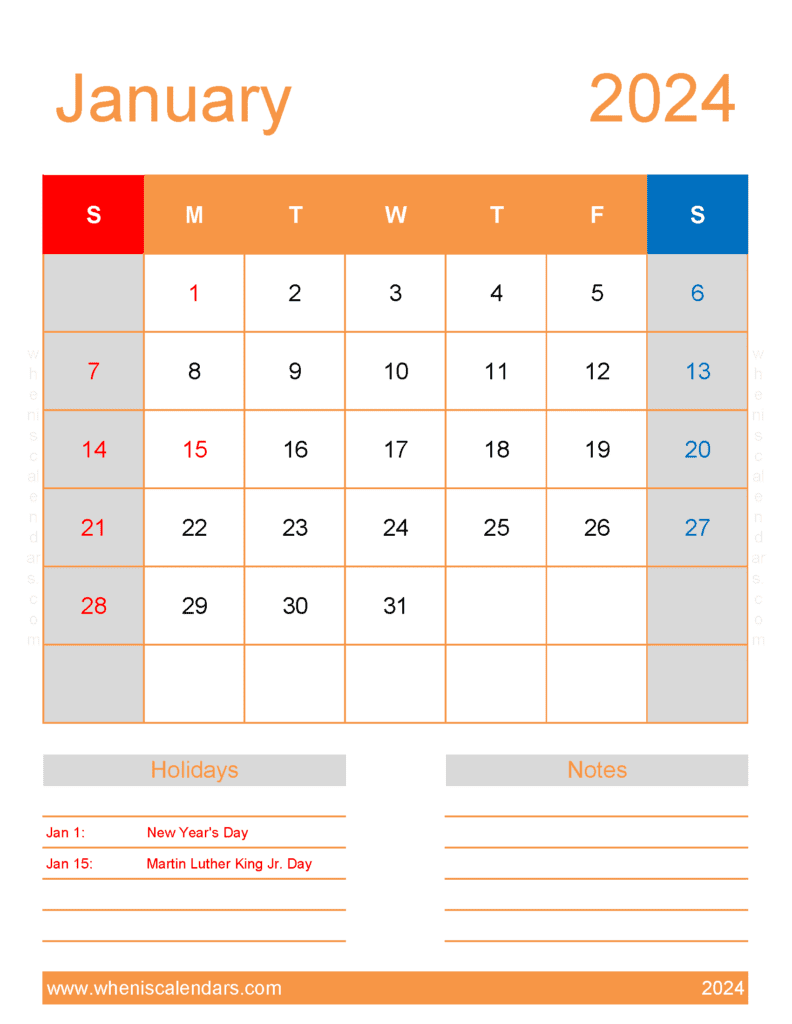 January 2024 Free Calendar Printable Monthly Calendar