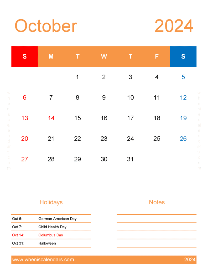 Download free October Calendar 2024 with Holidays printable