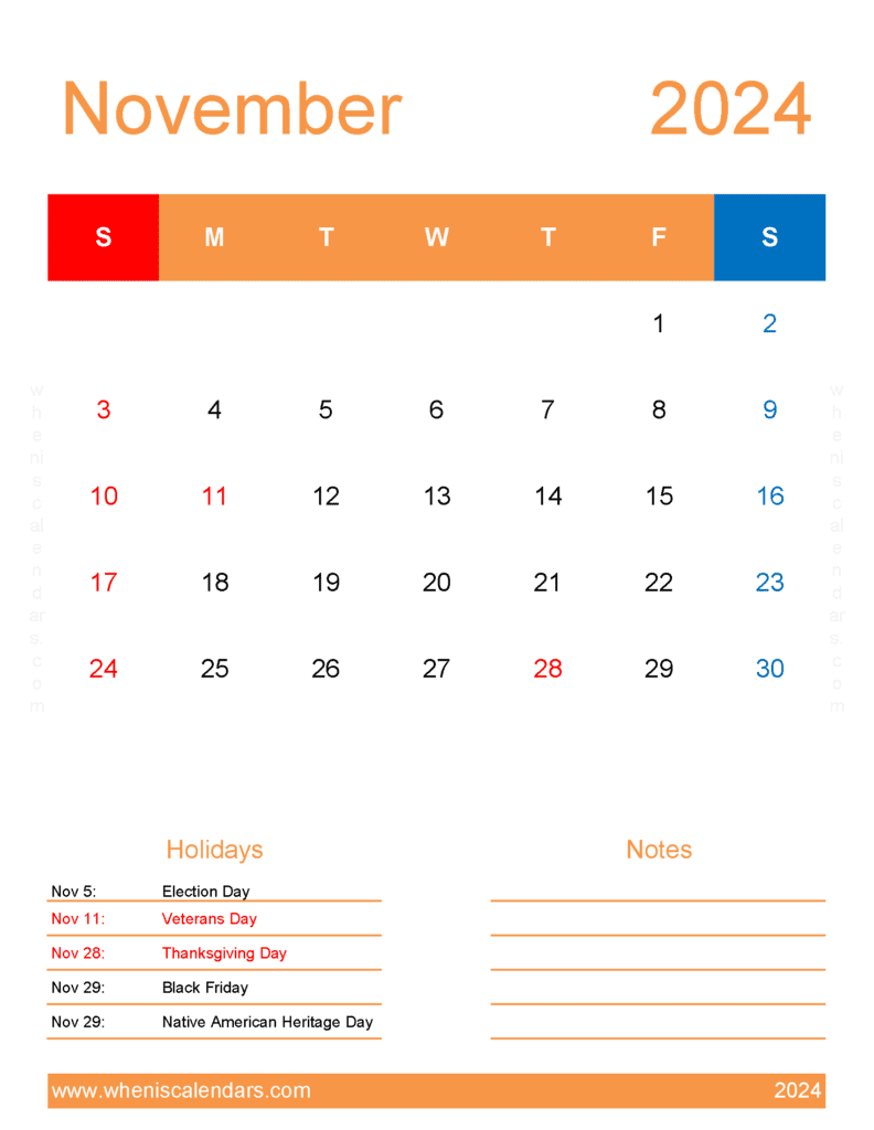Download free November Calendar 2024 with Holidays printable A4 in Horizontal Landscape
