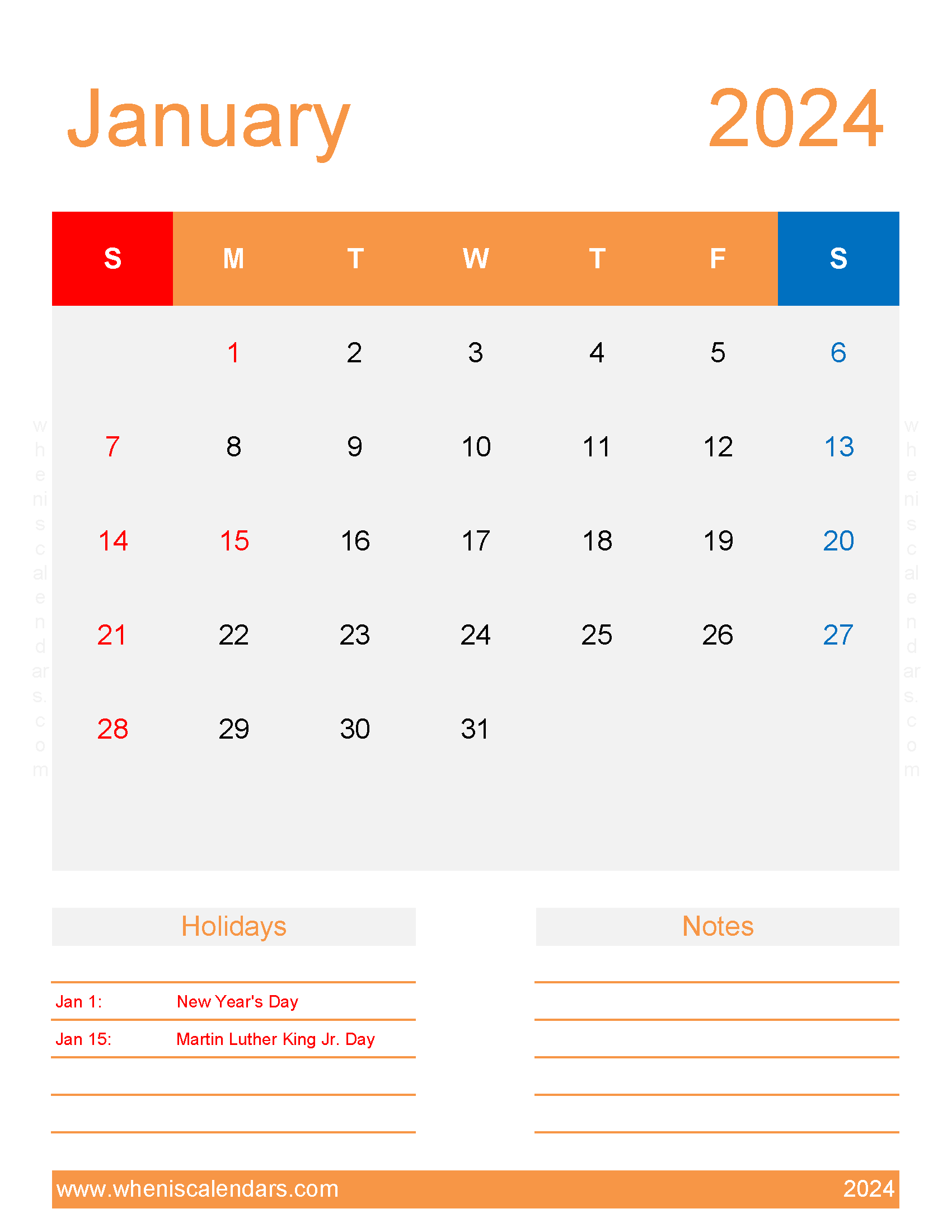January 2024 weekly Calendar Printable Monthly Calendar