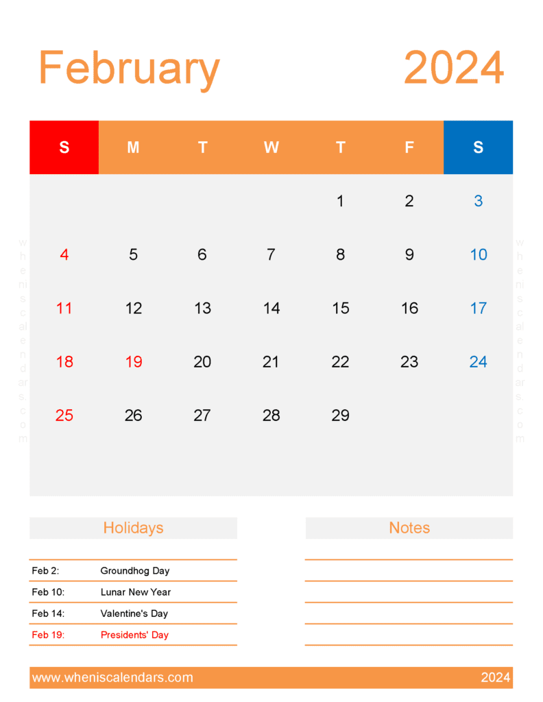 February 2024 weekly Calendar Printable Monthly Calendar