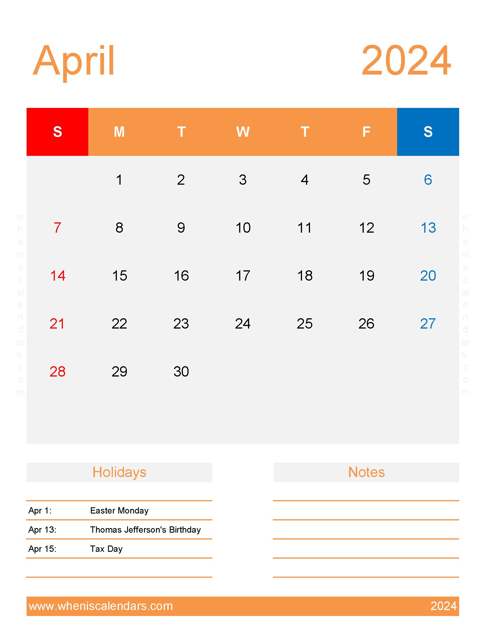 April 2024 weekly Calendar Printable Monthly Calendar
