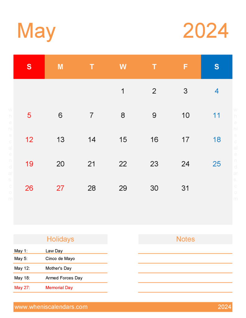 May 2024 weekly Calendar printable M54196
