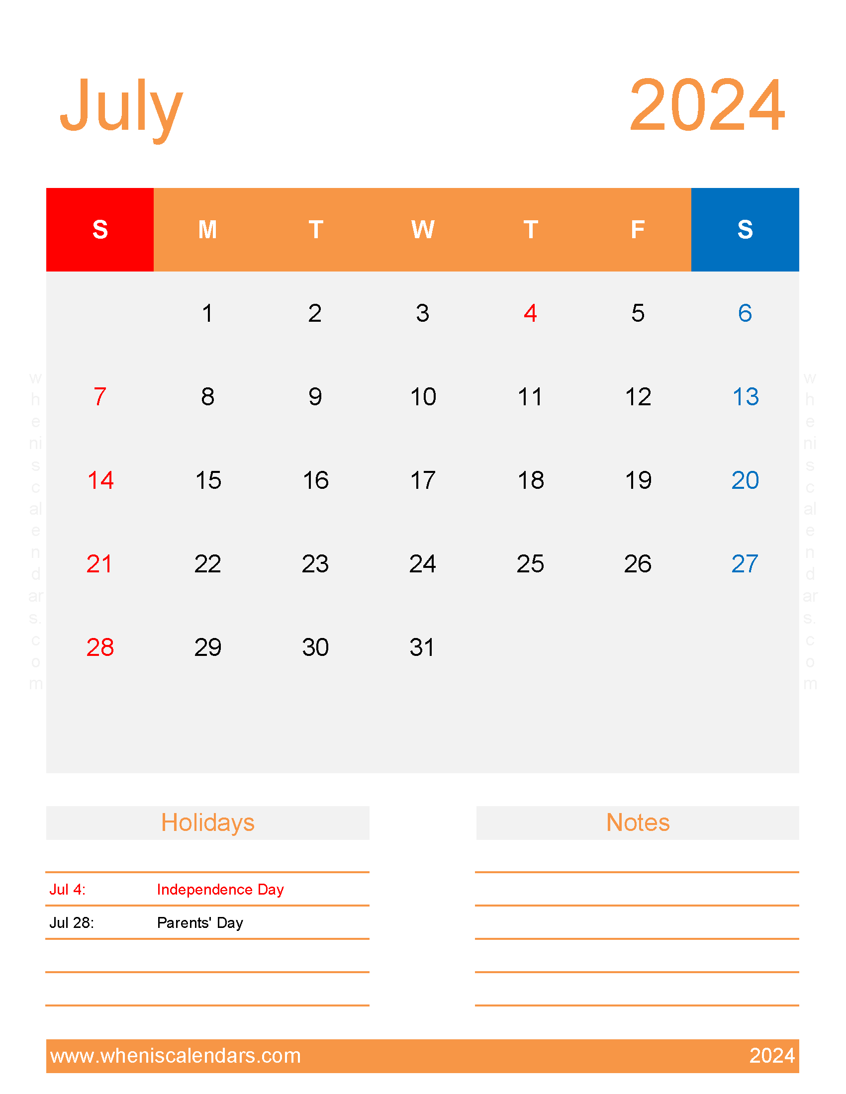 July 2024 weekly Calendar Printable Monthly Calendar