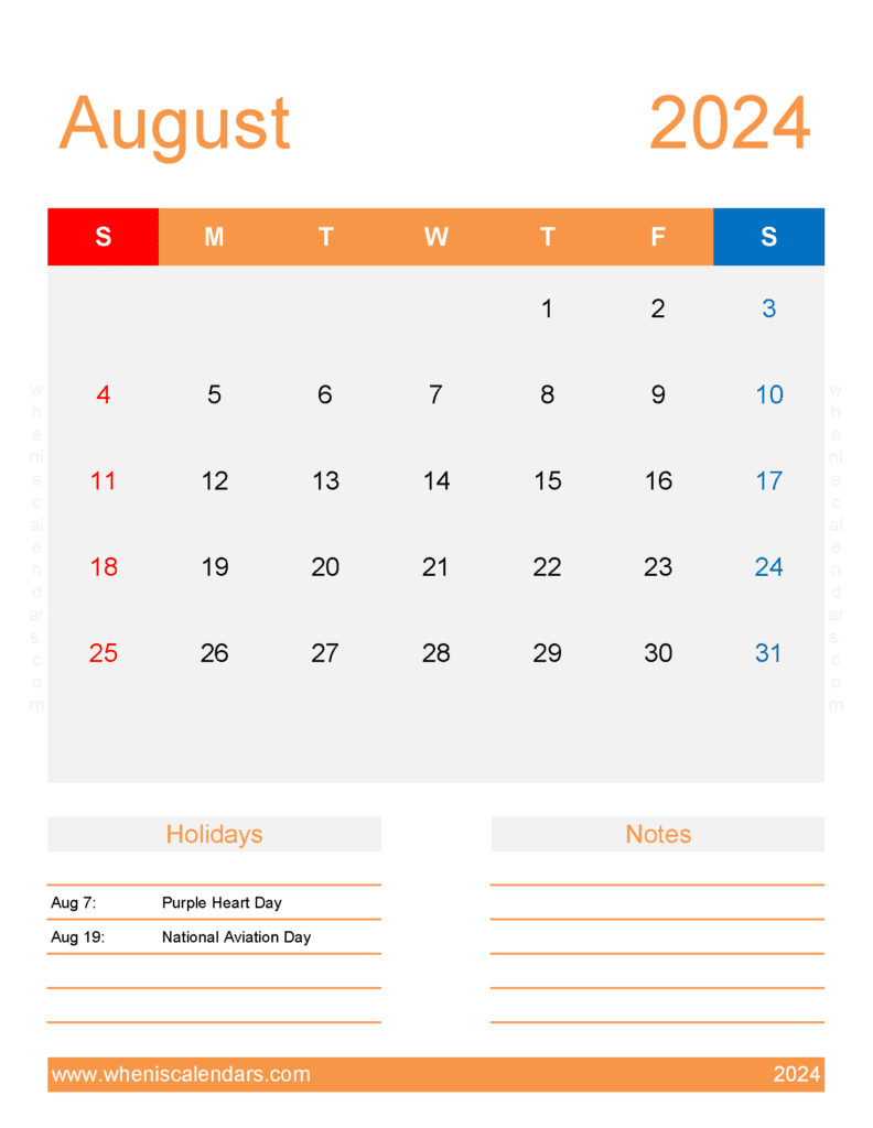 August 2024 weekly Calendar Printable Monthly Calendar
