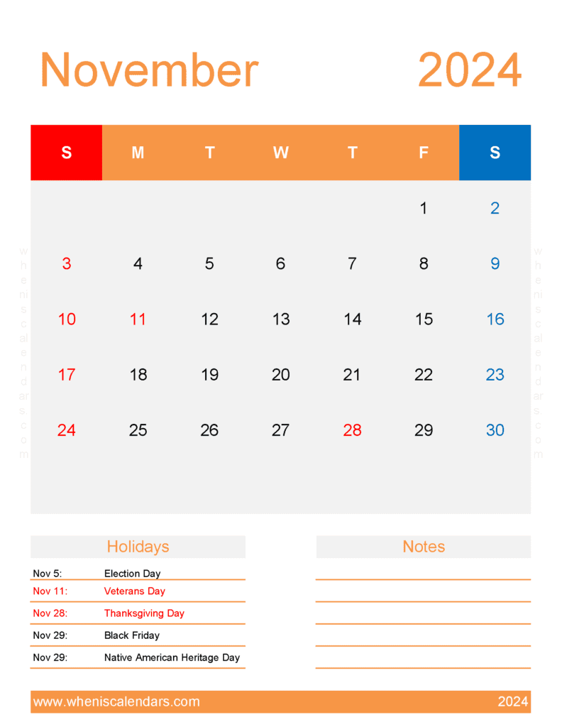November 2024 weekly Calendar Printable Monthly Calendar