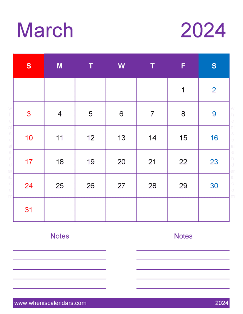 Download Blank March 2024 Calendar Template Letter Vertical M34277