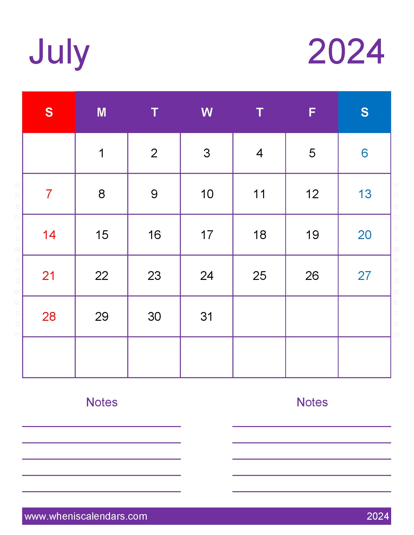 Blank July 2024 Calendar Template Monthly Calendar