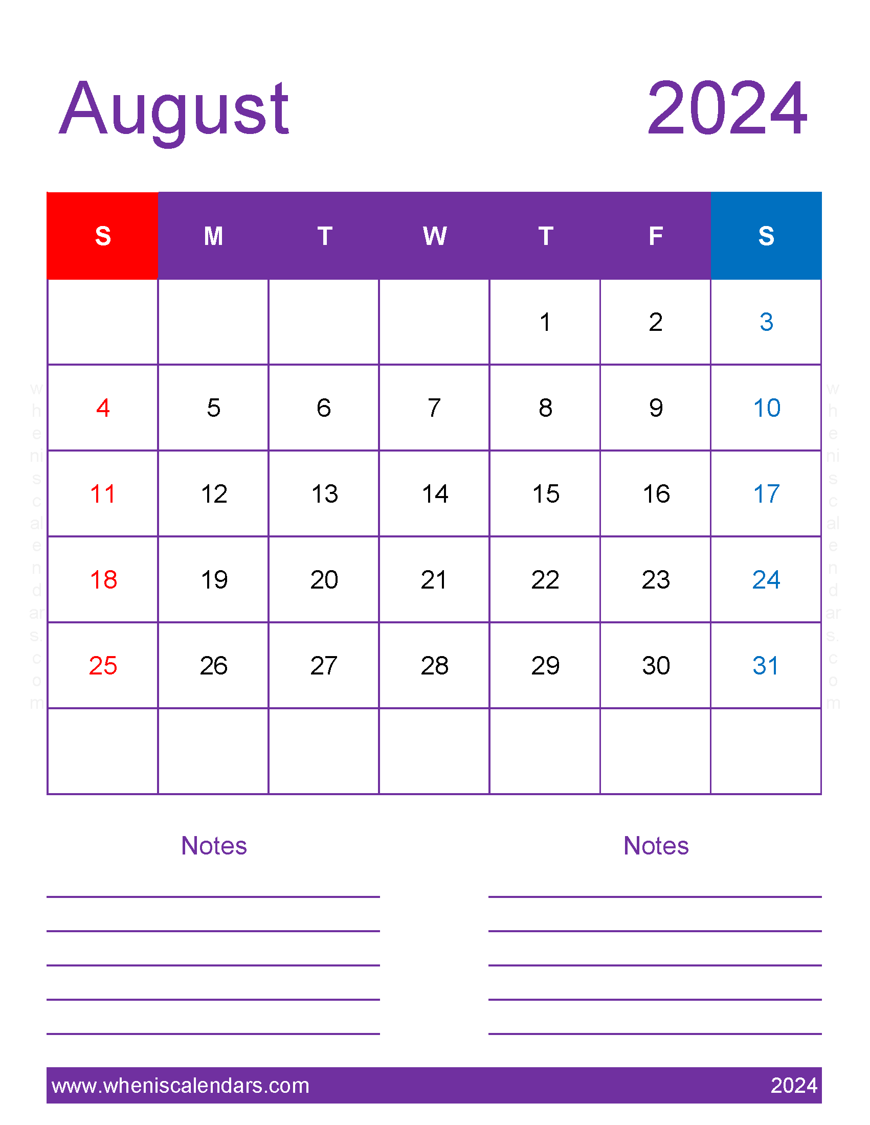 Blank August 2024 Calendar Template Monthly Calendar