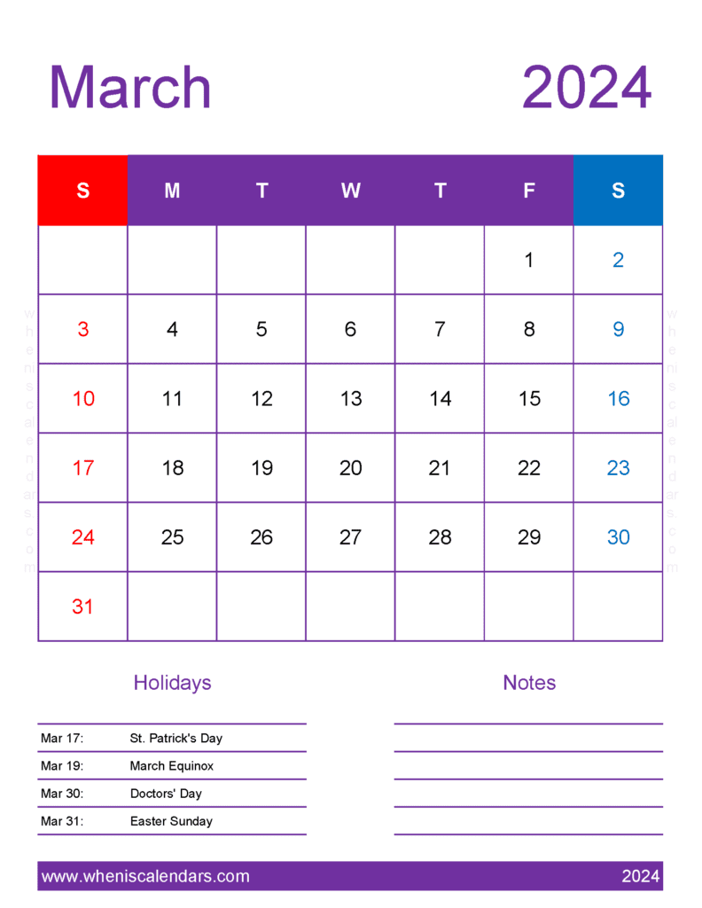 March 2024 Calendar with government Holidays Monthly Calendar