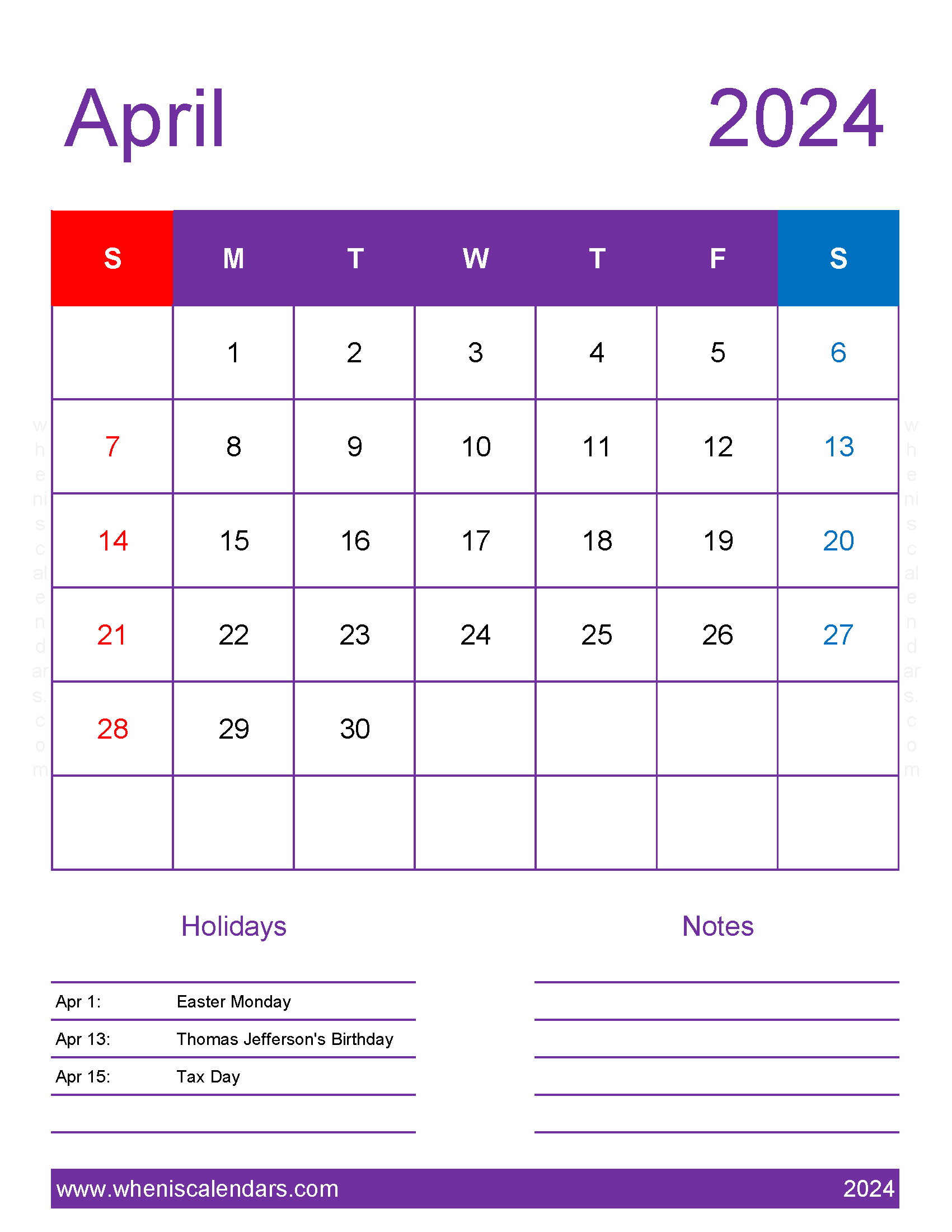 April 2024 Calendar with government Holidays Monthly Calendar