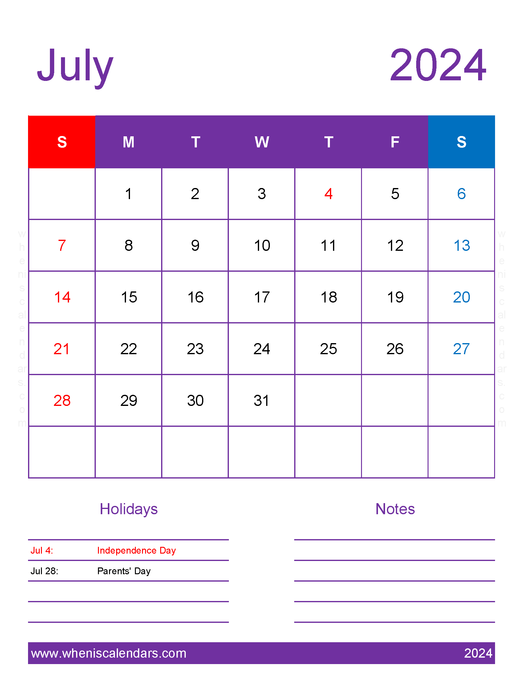 July 2024 Calendar with government Holidays Monthly Calendar