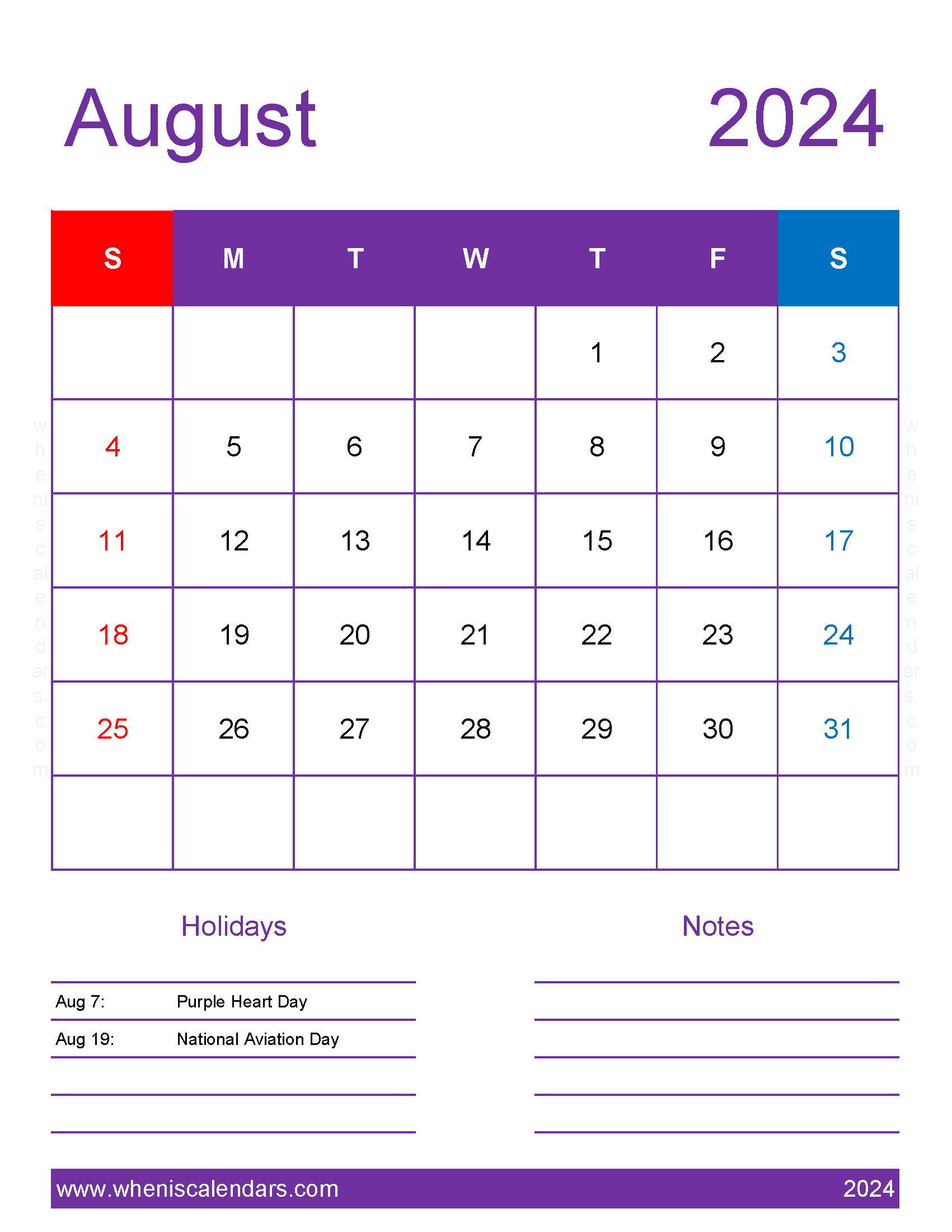 August 2024 Calendar with government Holidays Monthly Calendar