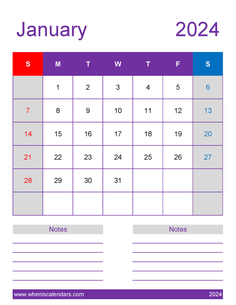 Download January 2024 Calendar Printable vertical Letter Vertical J4278