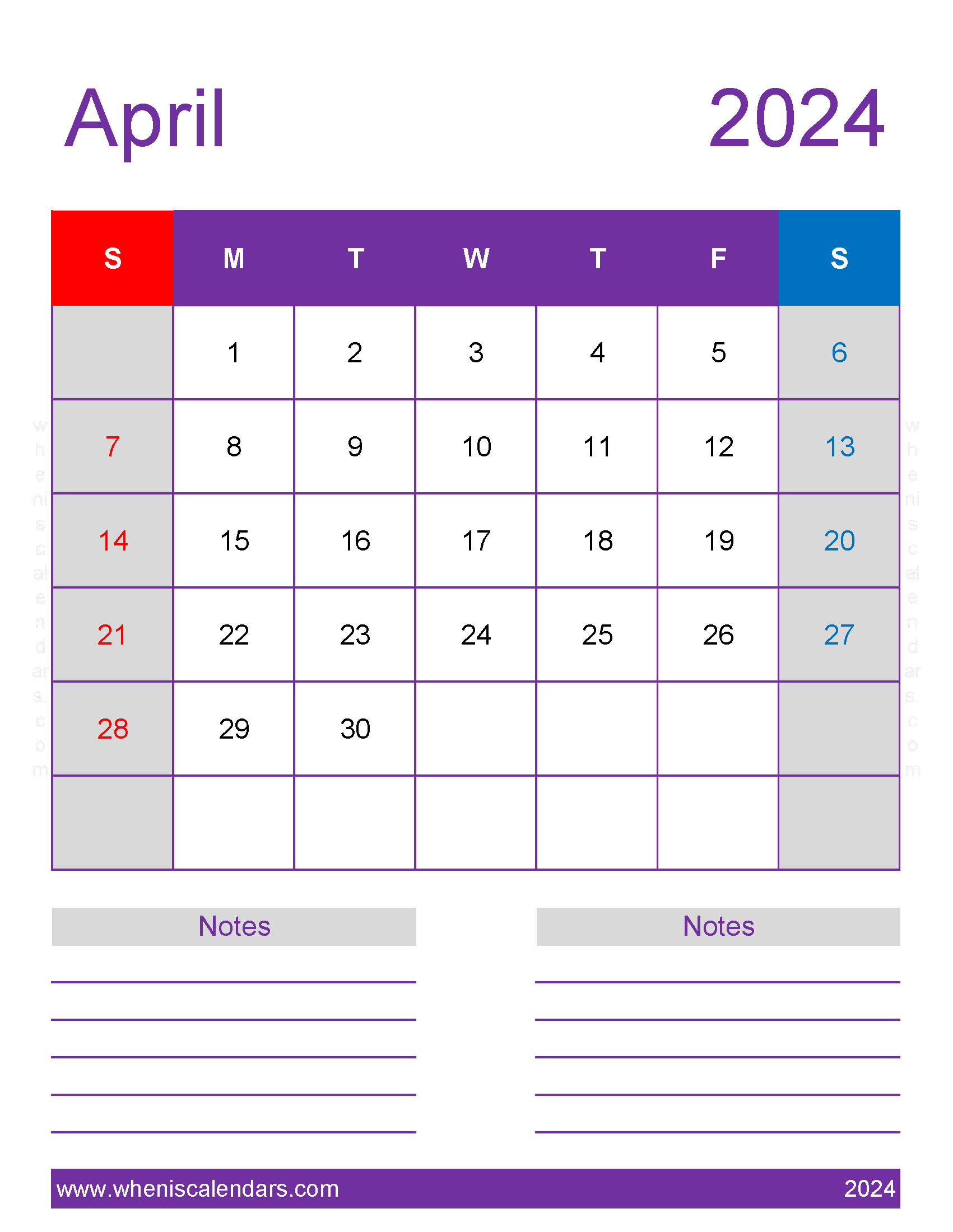 April 2024 Calendar Printable vertical Monthly Calendar