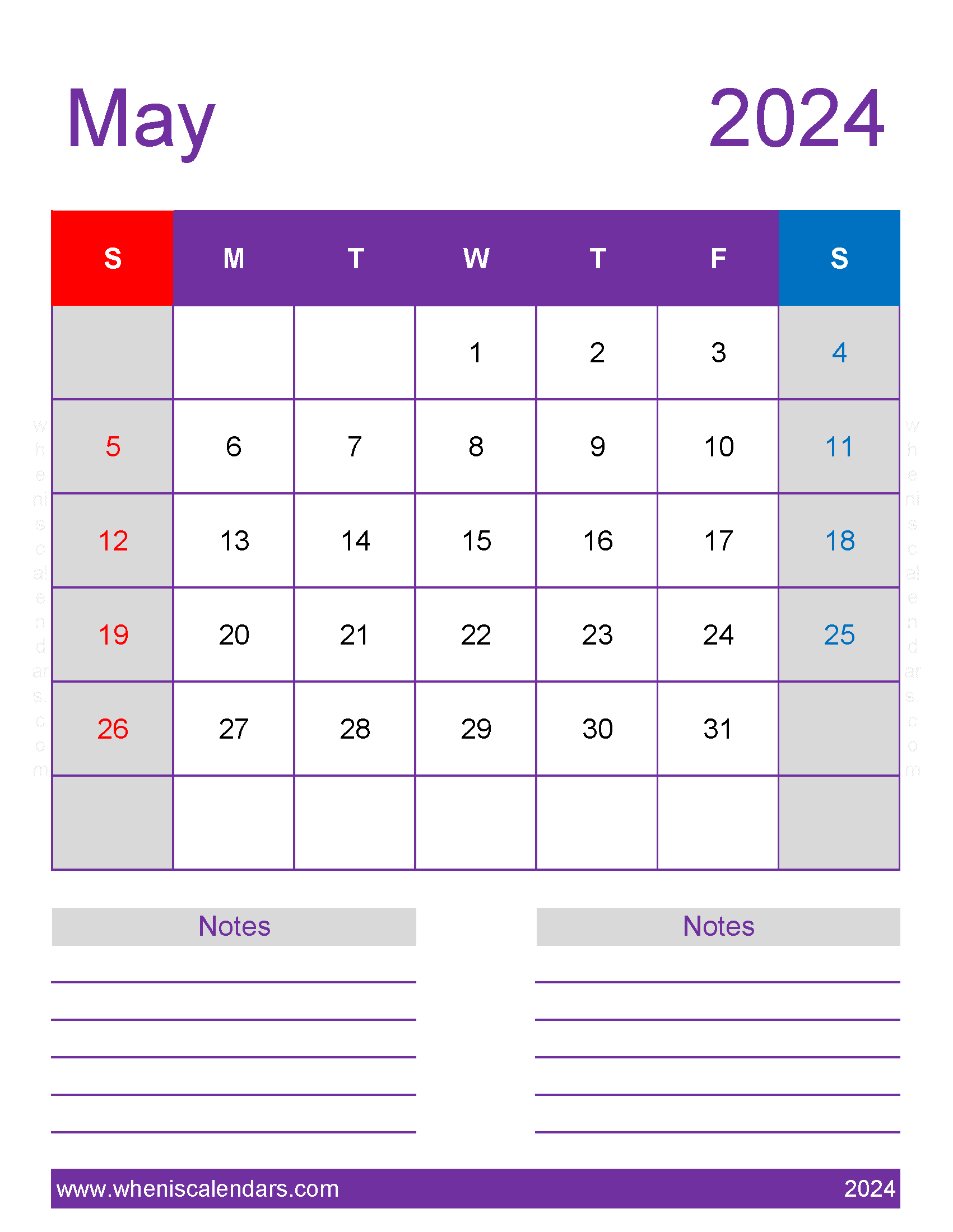 May 2024 Calendar Printable vertical Monthly Calendar