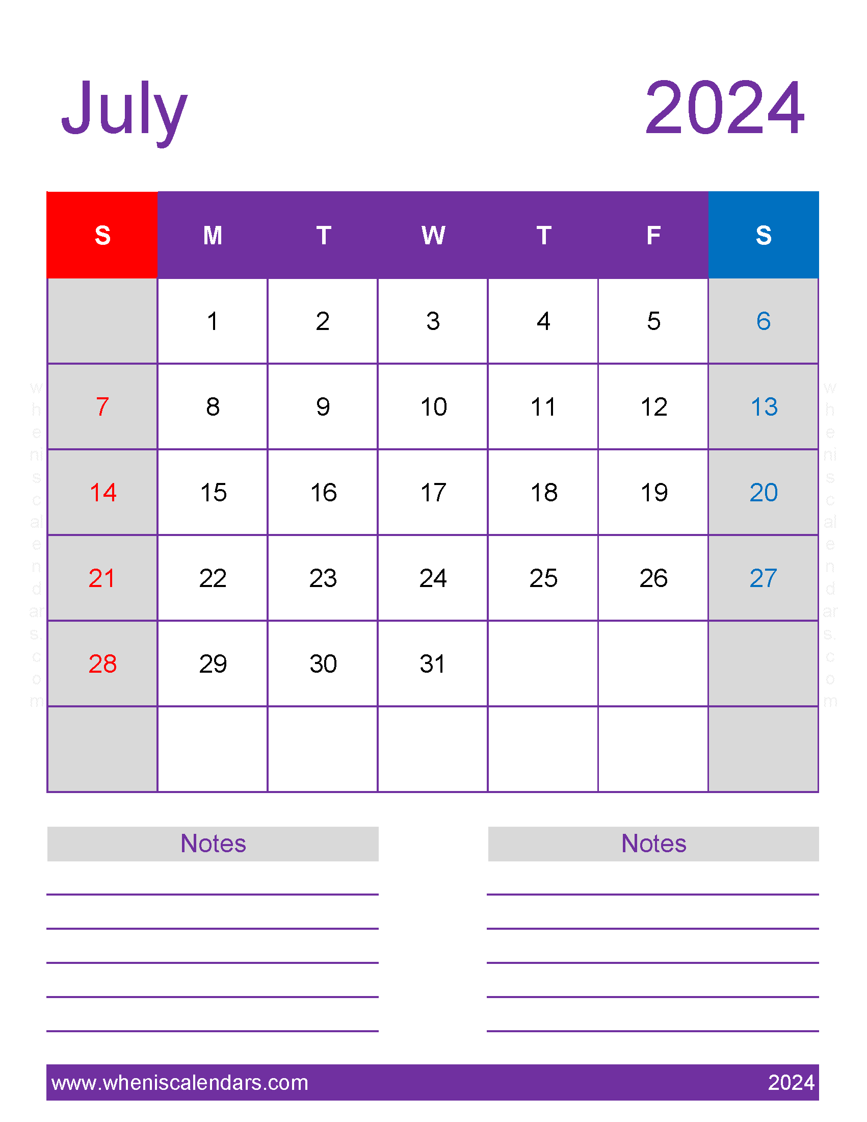 July 2024 Calendar Printable vertical Monthly Calendar