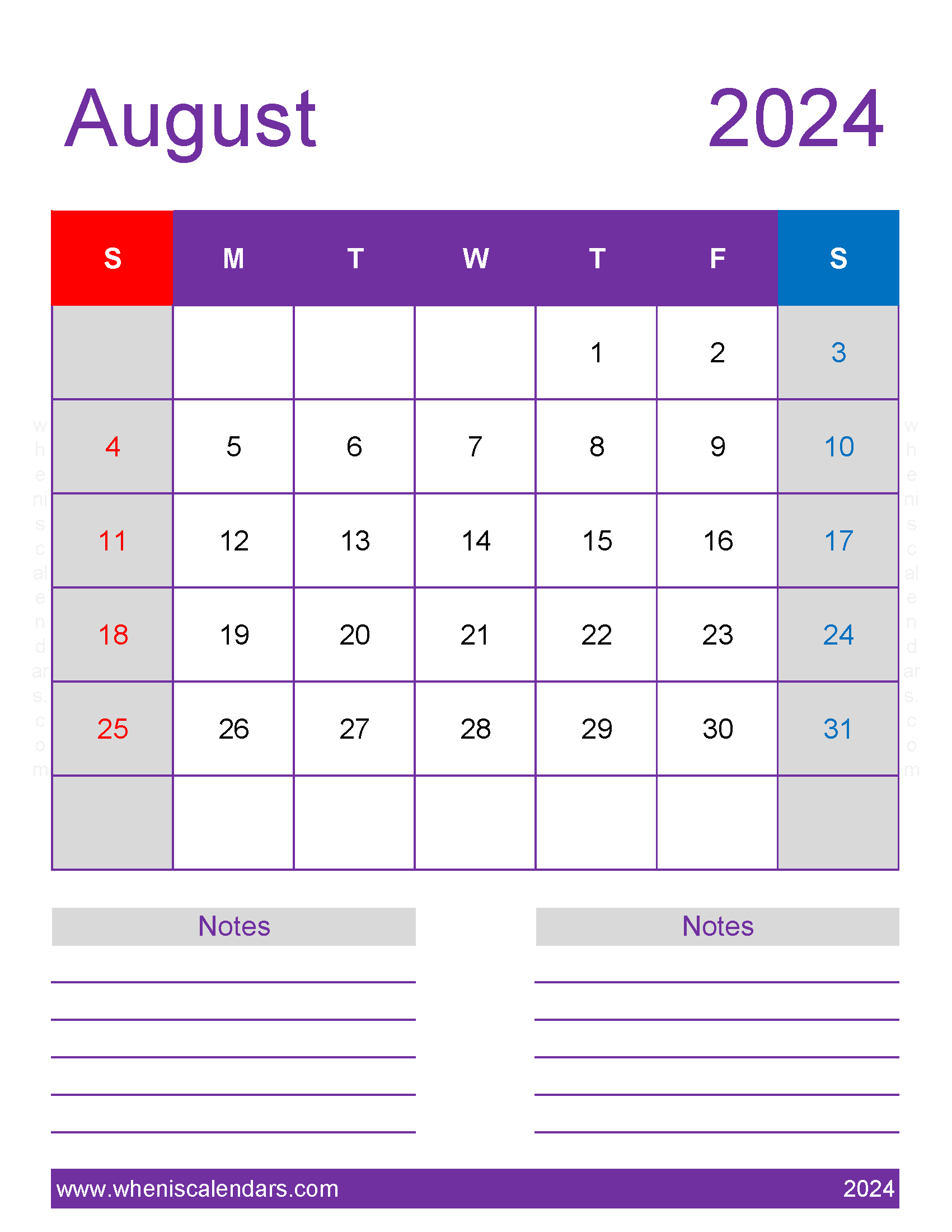 August 2024 Calendar Printable vertical Monthly Calendar