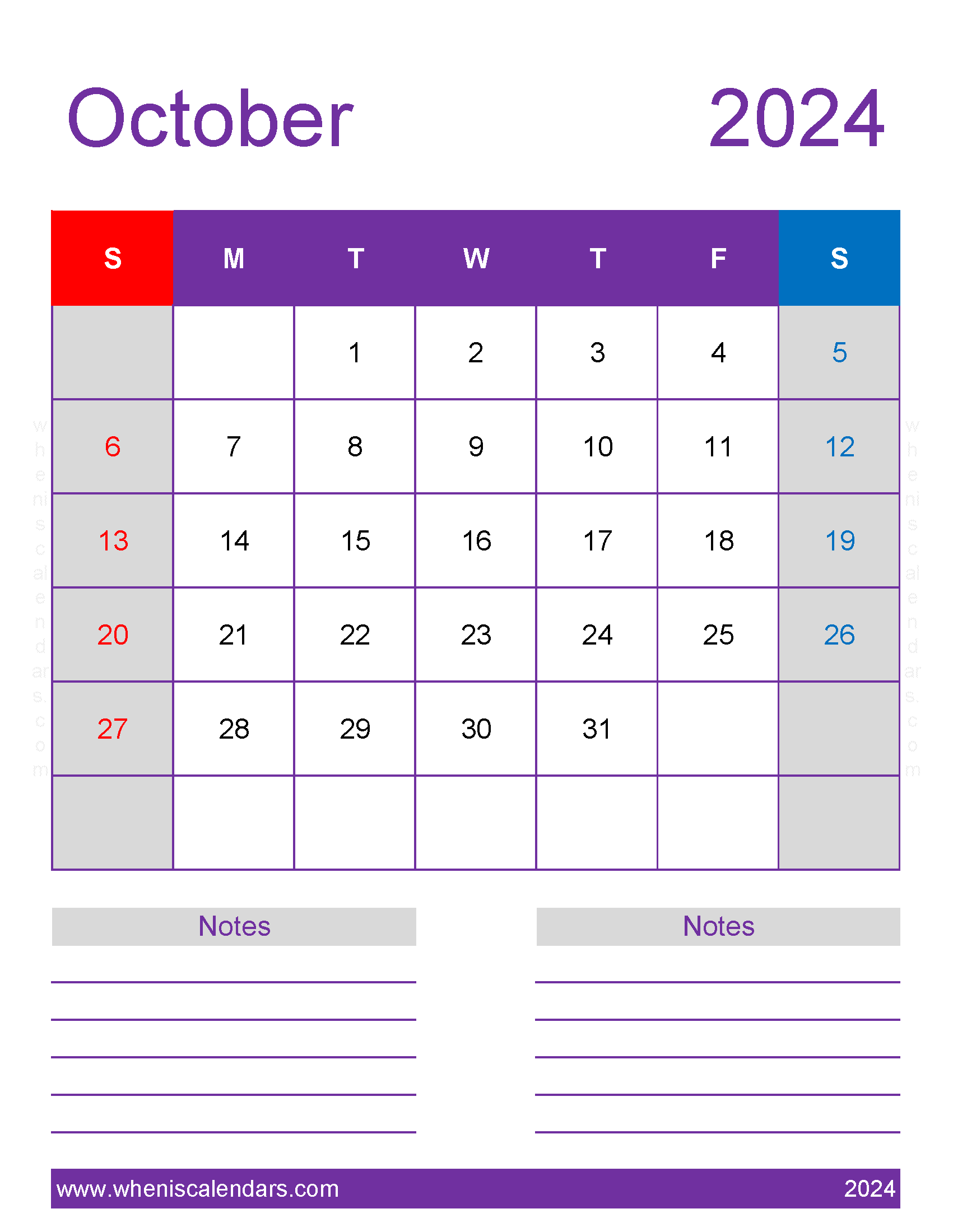 October 2024 Calendar Printable vertical Monthly Calendar