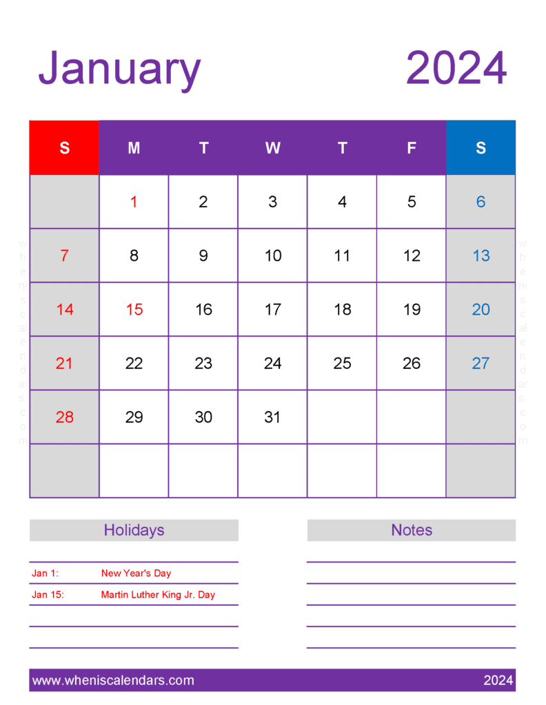 print Calendar for January 2024 Monthly Calendar