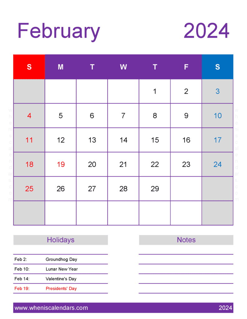 print Calendar for February 2024 Monthly Calendar