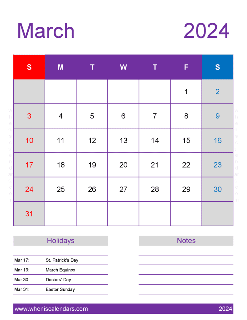 Download print Calendar for March 2024 Letter Vertical M34198