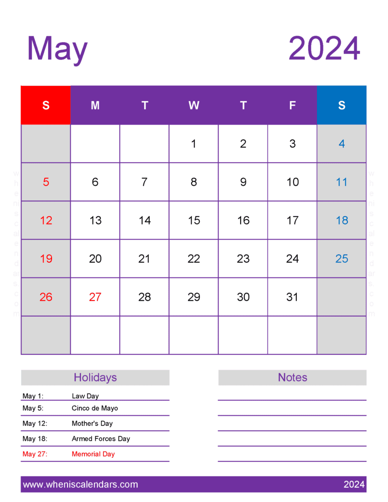 print Calendar for May 2024 M54198
