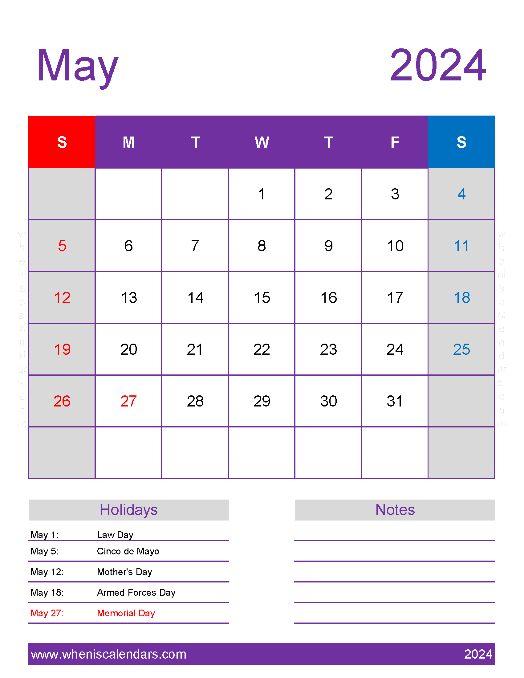 print Calendar for May 2024 Monthly Calendar