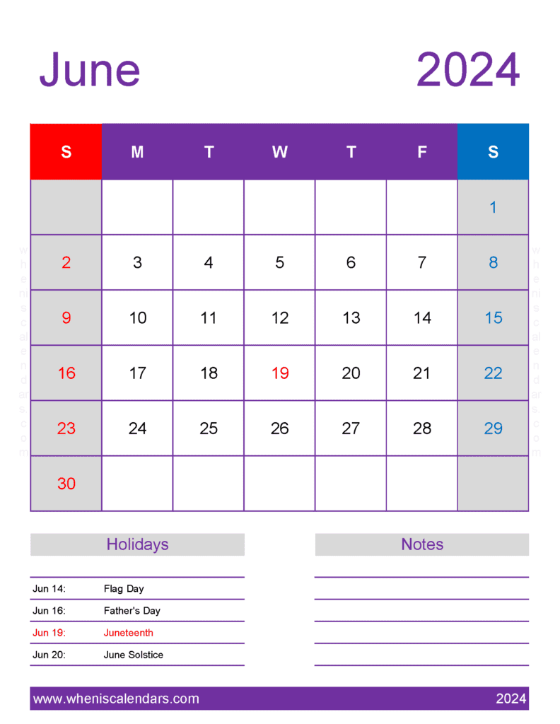 Download free June Calendar 2024 with Holidays printable