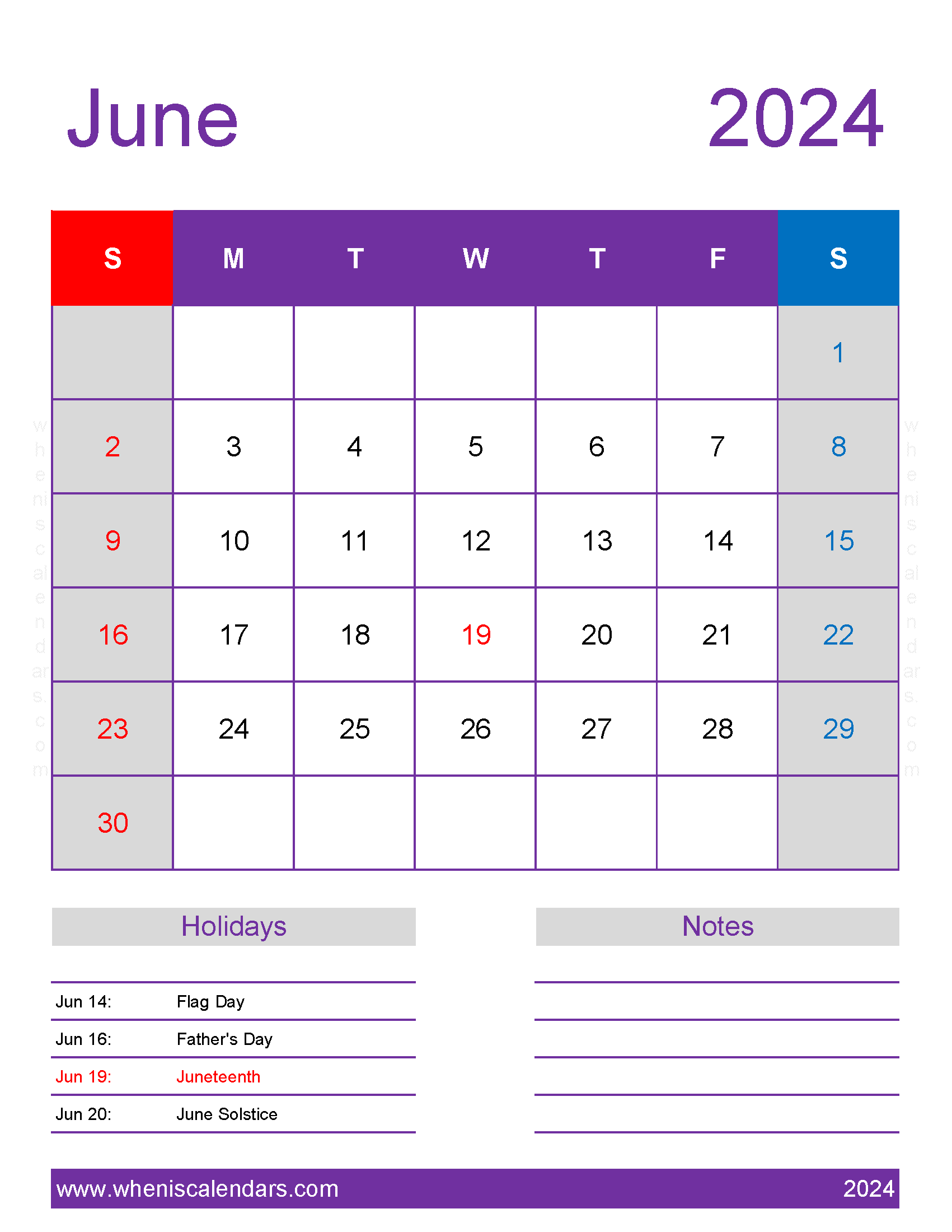 print Calendar for June 2024 Monthly Calendar