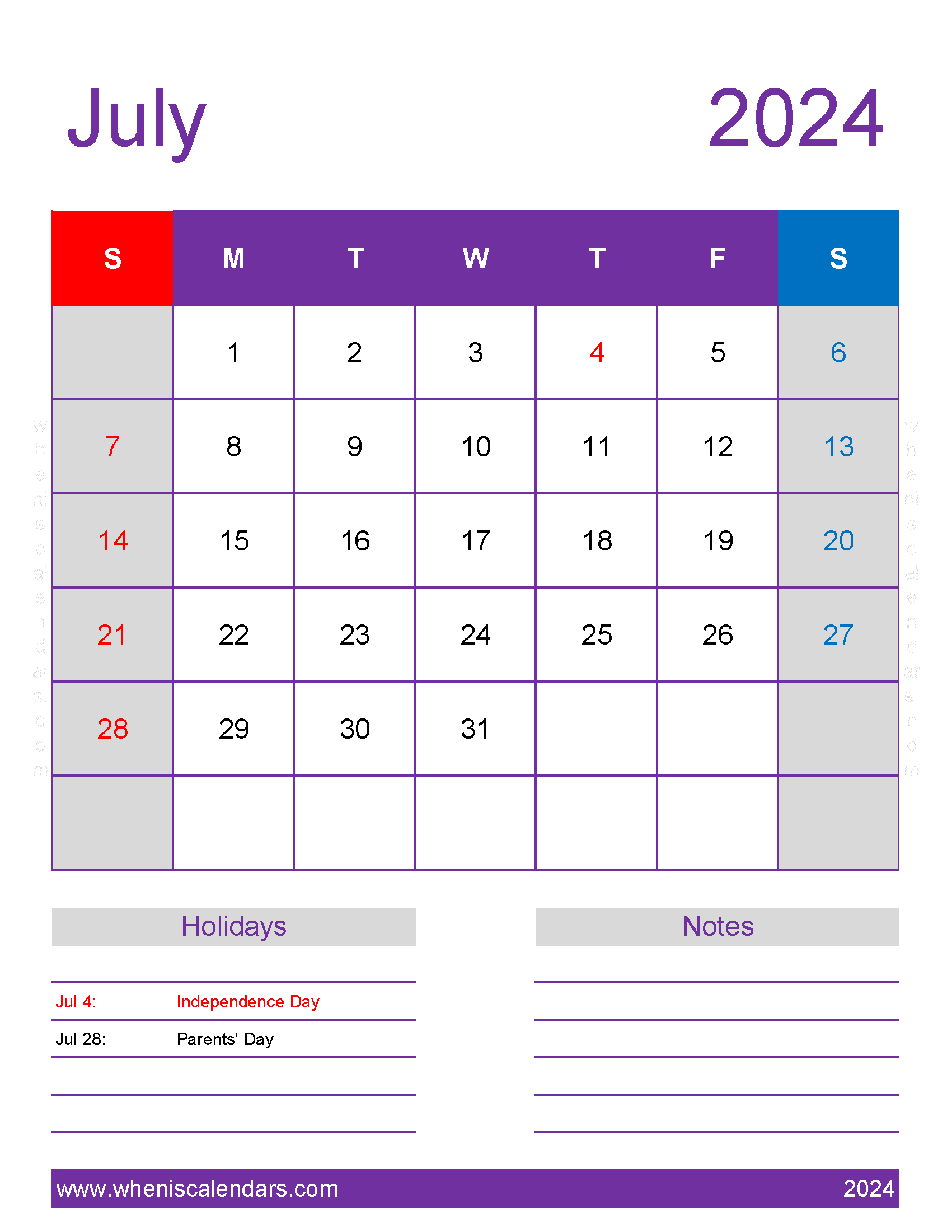 print Calendar for July 2024 Monthly Calendar