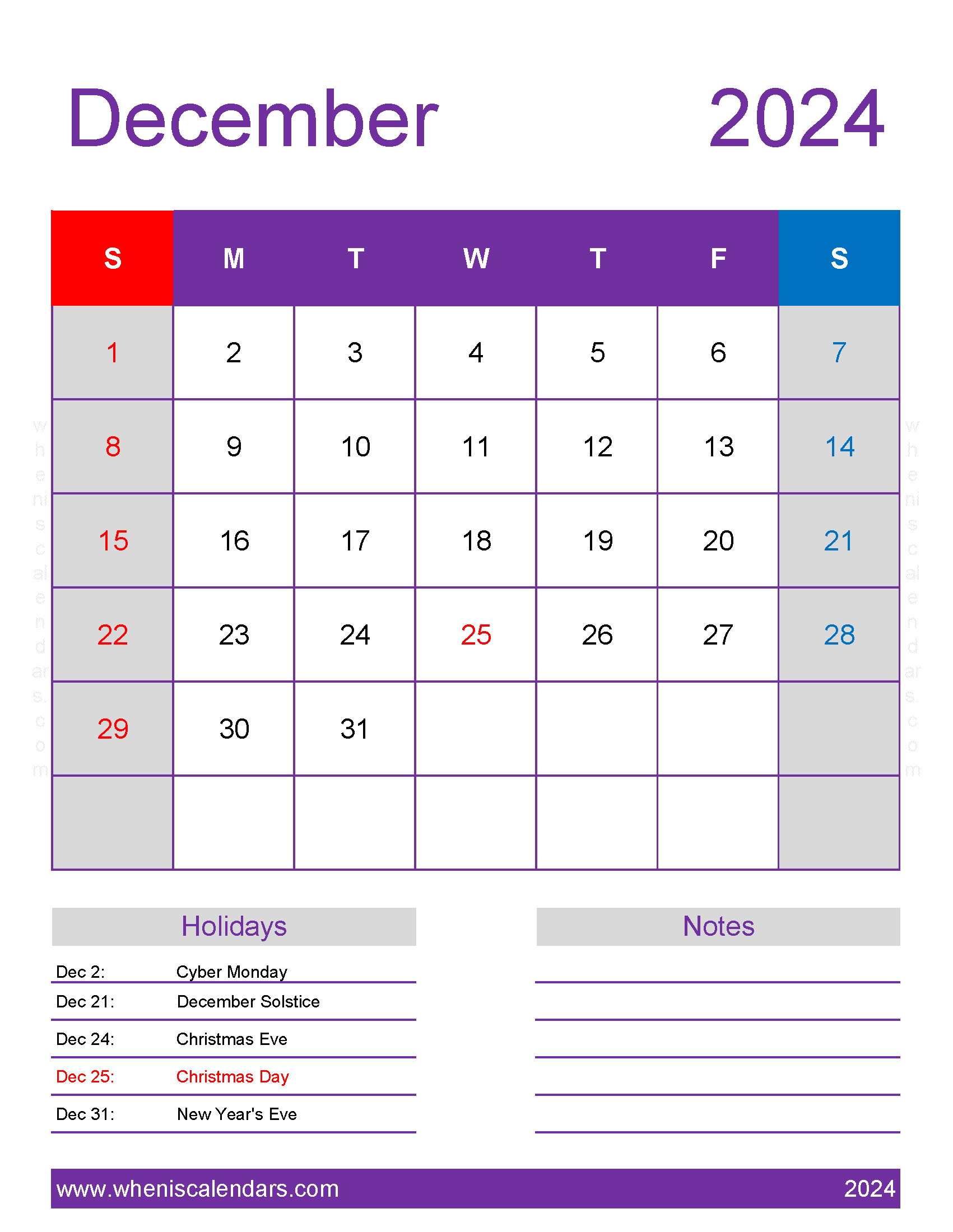 print Calendar for December 2024 Monthly Calendar
