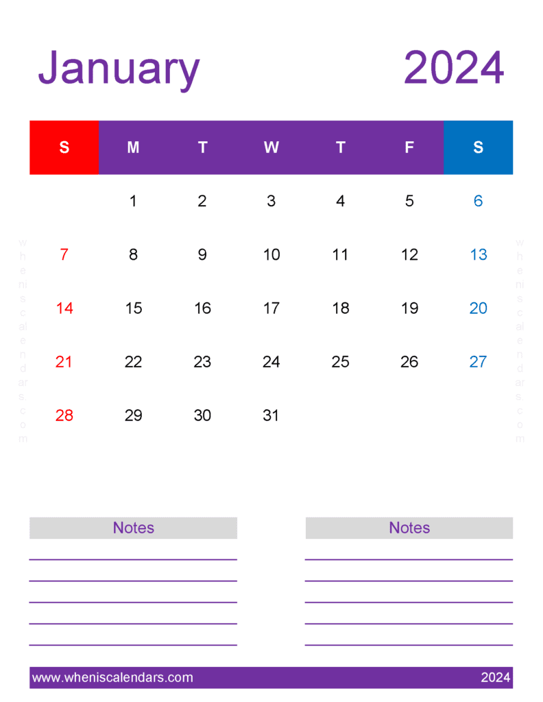 PrintableJanuary 2024 Calendar Monthly Calendar