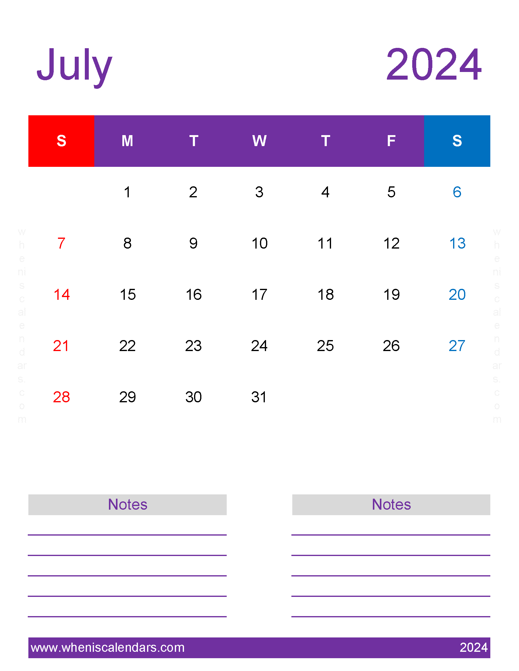 PrintableJuly 2024 Calendar Monthly Calendar